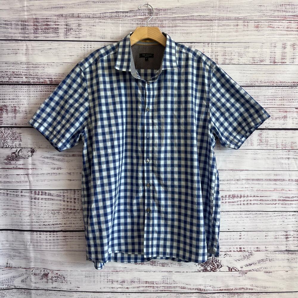 Ted Baker Men's Check Oxford Casual Short Sleeve Button Up Shirt Size 7